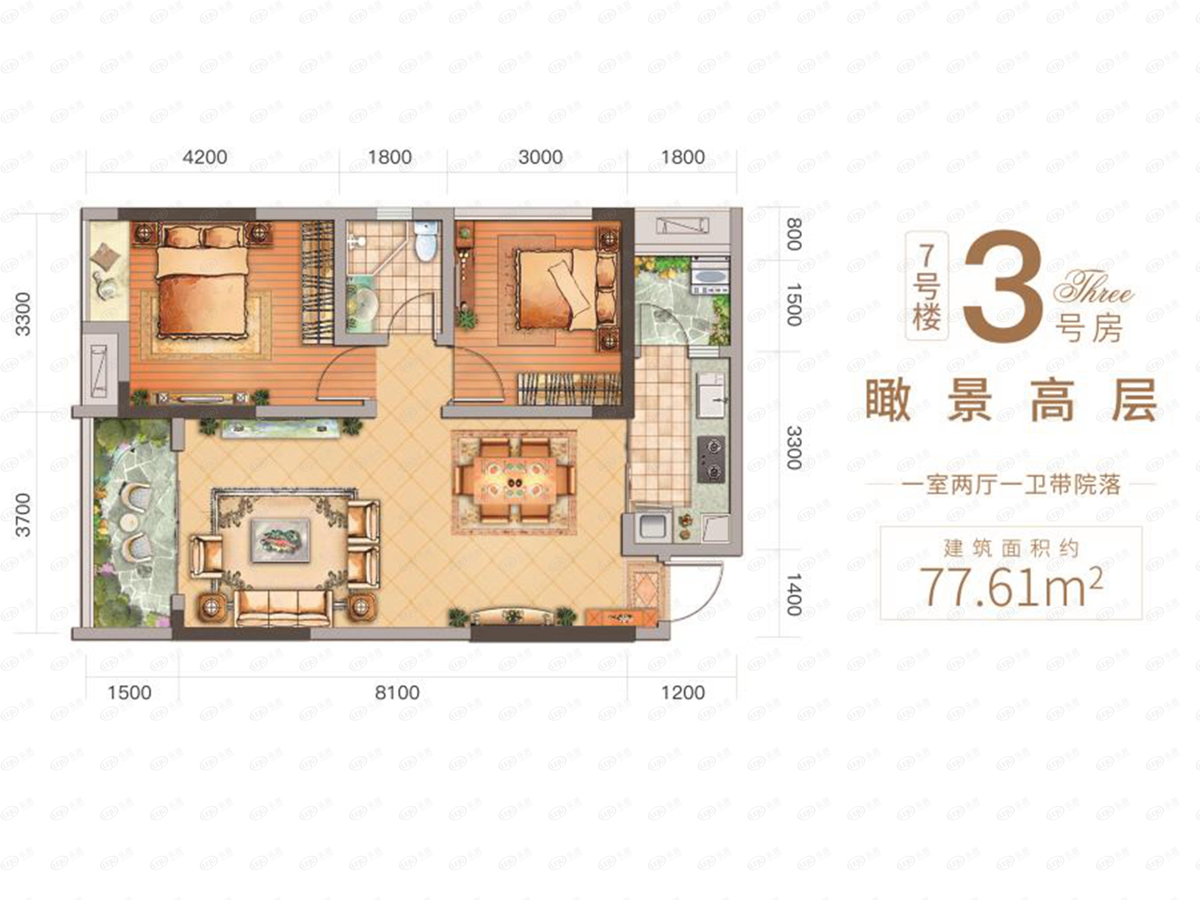 荣昌金科美丽郡1室2厅1卫户型图 - 重庆乐居