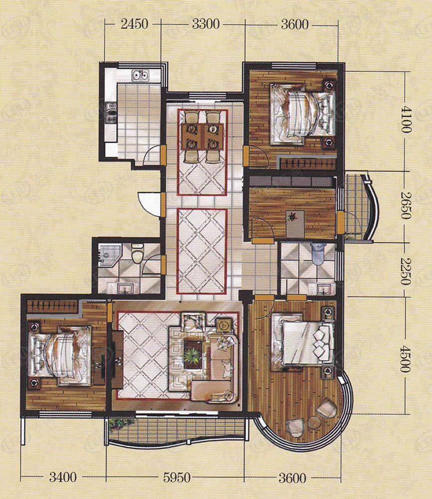 z户型四室两厅两卫 建筑面积166-182㎡