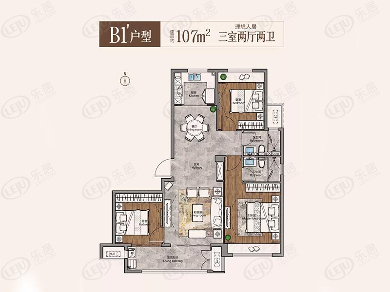 保利合景珑湾3室2厅2卫户型图 - 徐州乐居