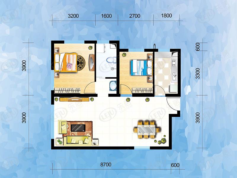 d2户型两室两厅一卫90.43平米