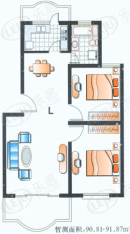 东兴华苑房型: 二房;  面积段: 90.81 －112.37 平方米;户型图