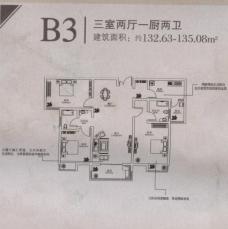 上东国际B3户型：三室两厅一厨两卫户型图