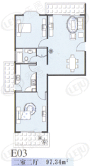 河畔明珠房型: 二房;  面积段: 95.1 －125.04 平方米;户型图