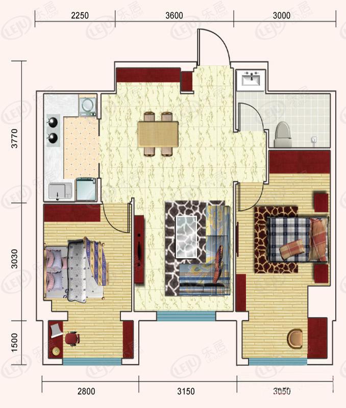 益嘉广场1号楼e户型 两室两厅户型图