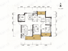 江南华府公寓1#A户型， 3室2厅2卫， 建筑面积约111.39平米户型图