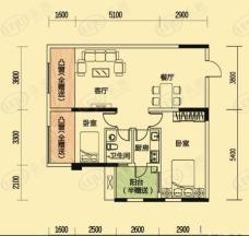 骏豪国际B2中心领寓2室2厅1卫户型图